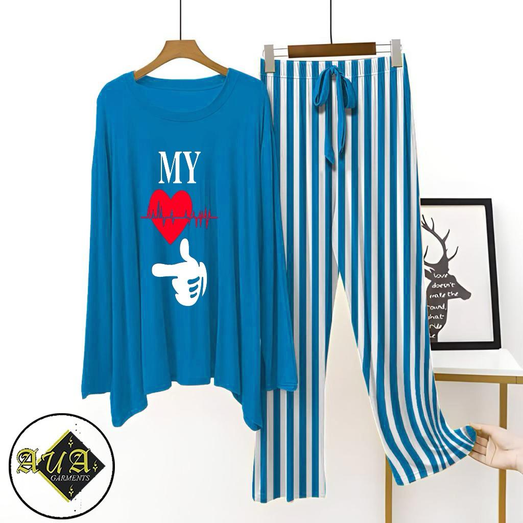 Aqua Blue Lining Trouser Printed Night Suit with Luxurious Lining Pajamas Stylish Sleepwear Set for a Cozy Night's Rest (15 Articles)(002)