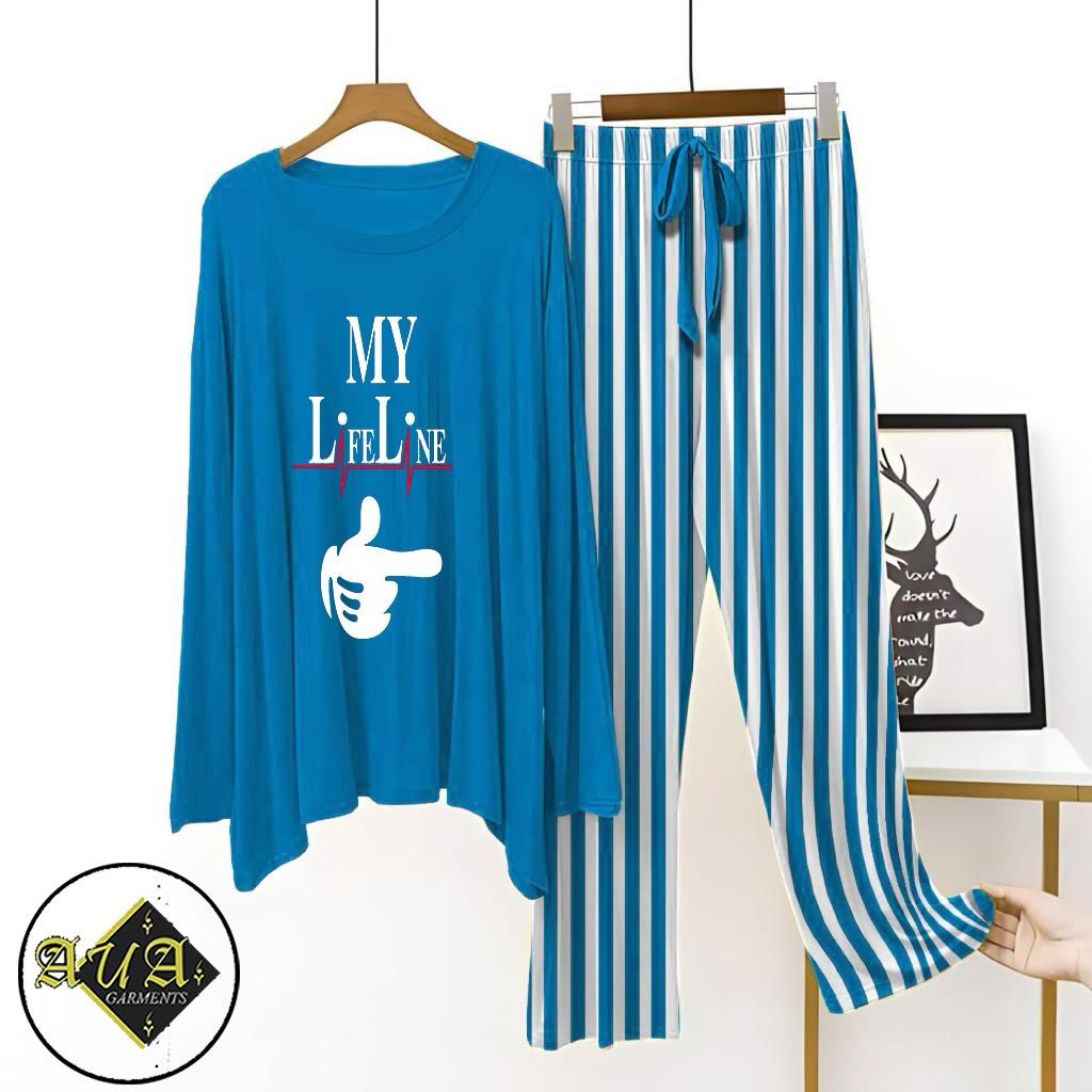 Aqua Blue Lining Trouser Printed Night Suit with Luxurious Lining Pajamas Stylish Sleepwear Set for a Cozy Night's Rest (15 Articles)(002)