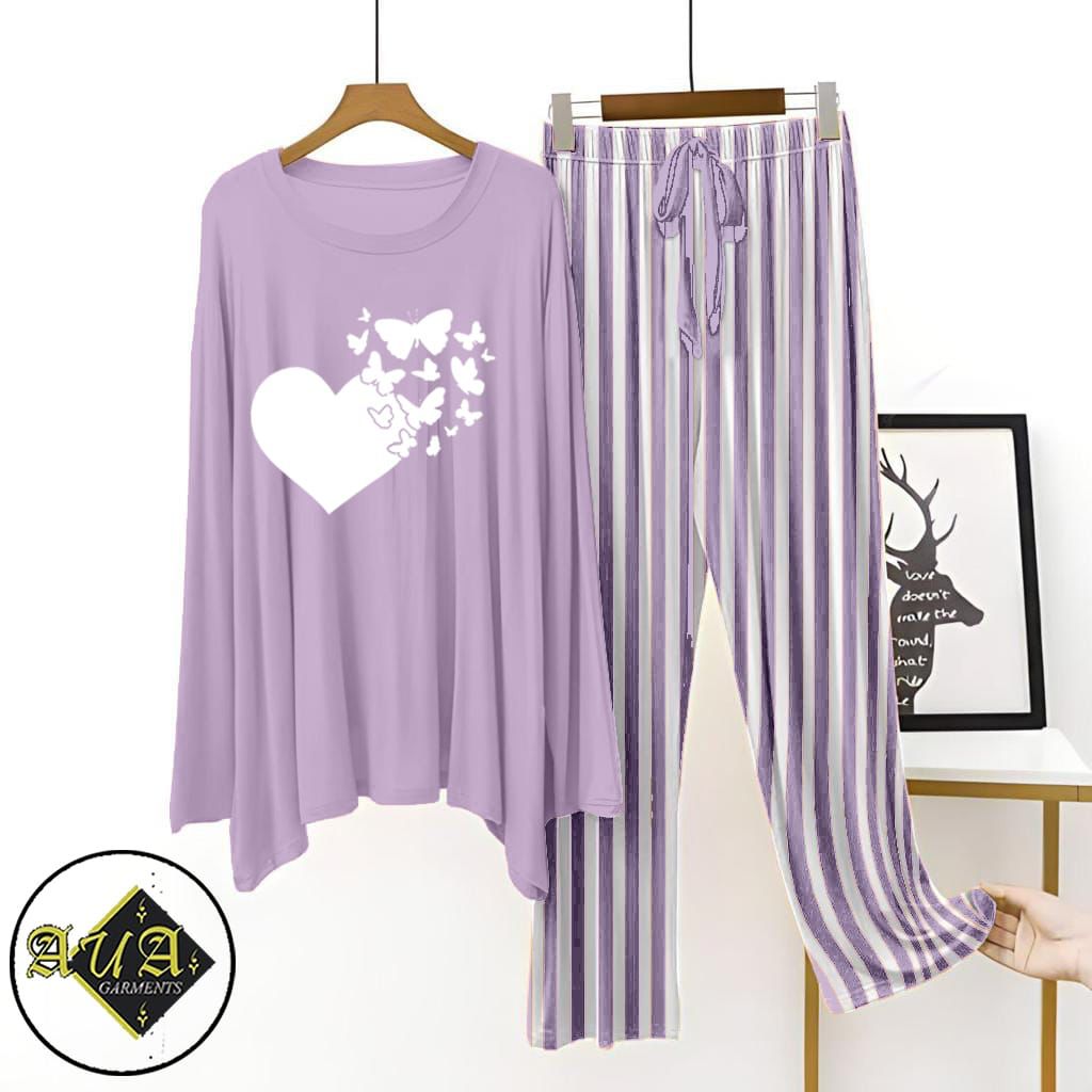 Purple Lining Trouser Printed Night Suit with Luxurious Lining Pajamas Stylish Sleepwear Set for a Cozy Night's Rest (002)