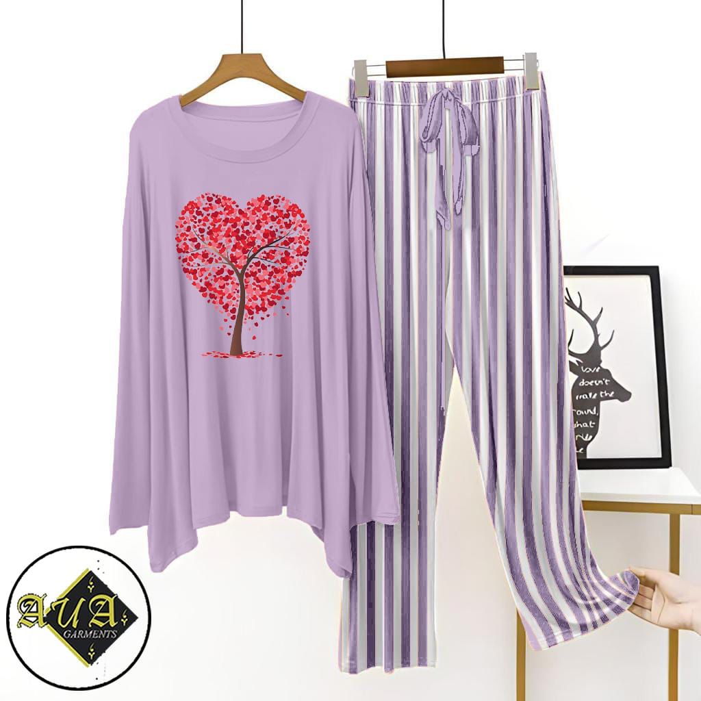 Purple Lining Trouser Printed Night Suit with Luxurious Lining Pajamas Stylish Sleepwear Set for a Cozy Night's Rest (002)