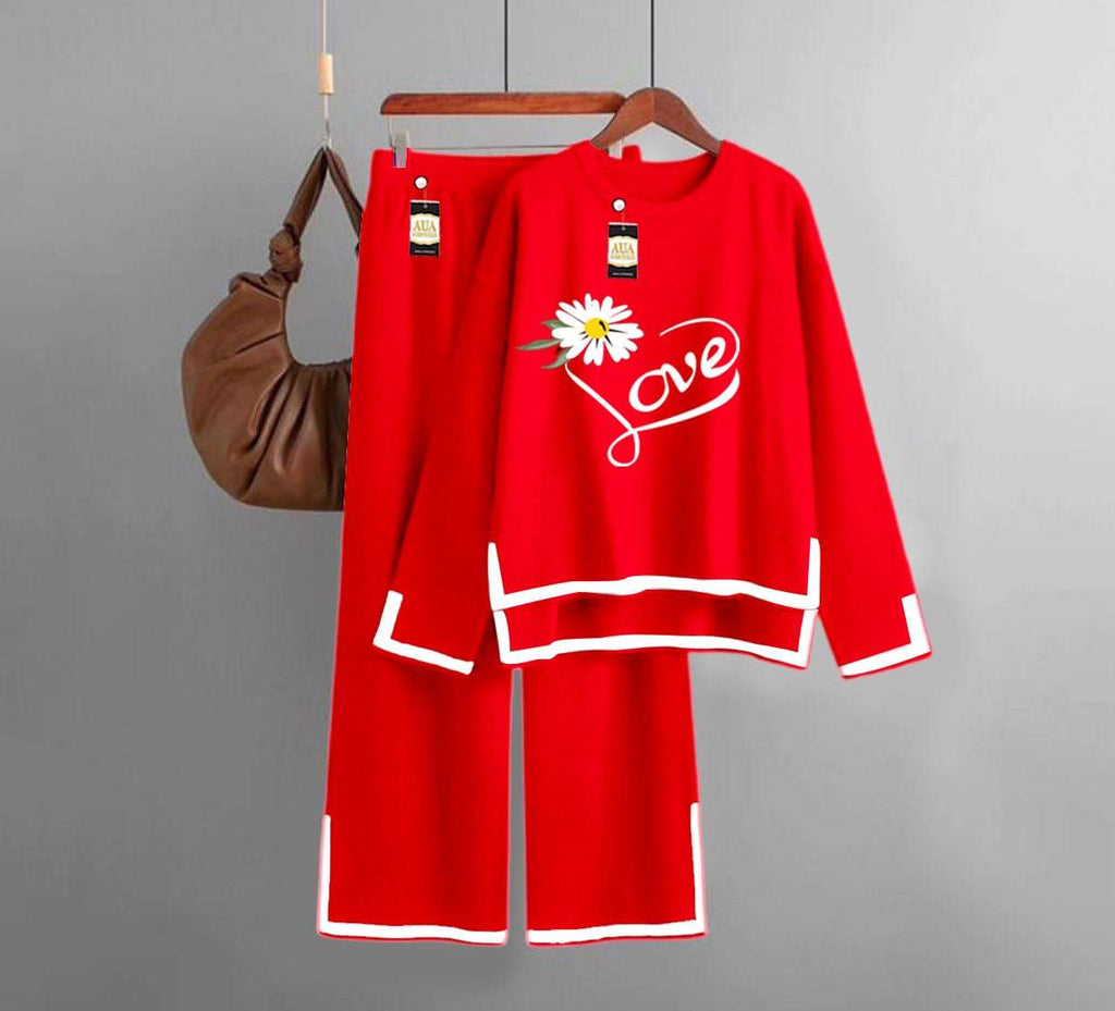 Love Flower Printed Turkish Winter Co-Ord Set for Women - Warm & Stylish Loungewear Red