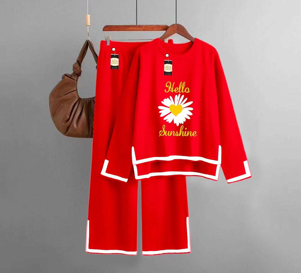 Sun flower Printed Turkish Winter Co-Ord Set for Women - Warm & Stylish Loungewear Red