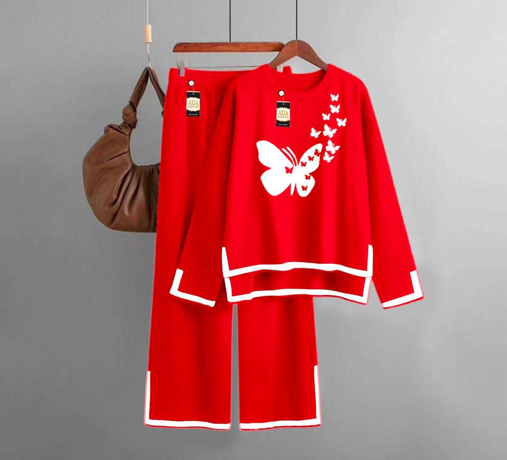 Flying Butterfly Printed Turkish Winter Co-Ord Set for Women - Warm & Stylish Loungewear Red
