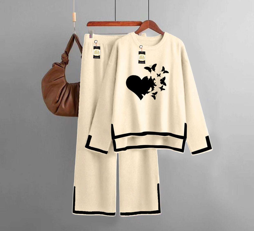 Flying Butterfly Heart Printed Turkish Winter Co-Ord Set for Women - Warm & Stylish Loungewear Beige