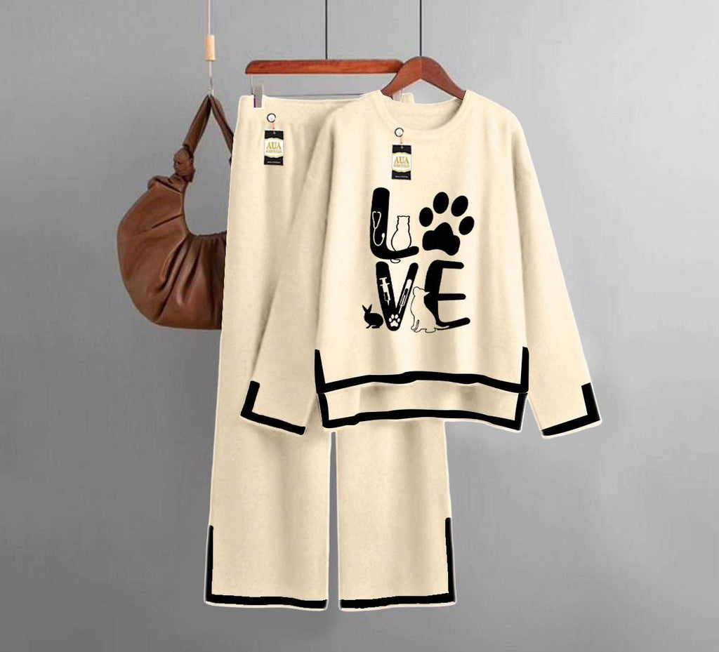 Love Printed Turkish Winter Co-Ord Set for Women - Warm & Stylish Loungewear Beige