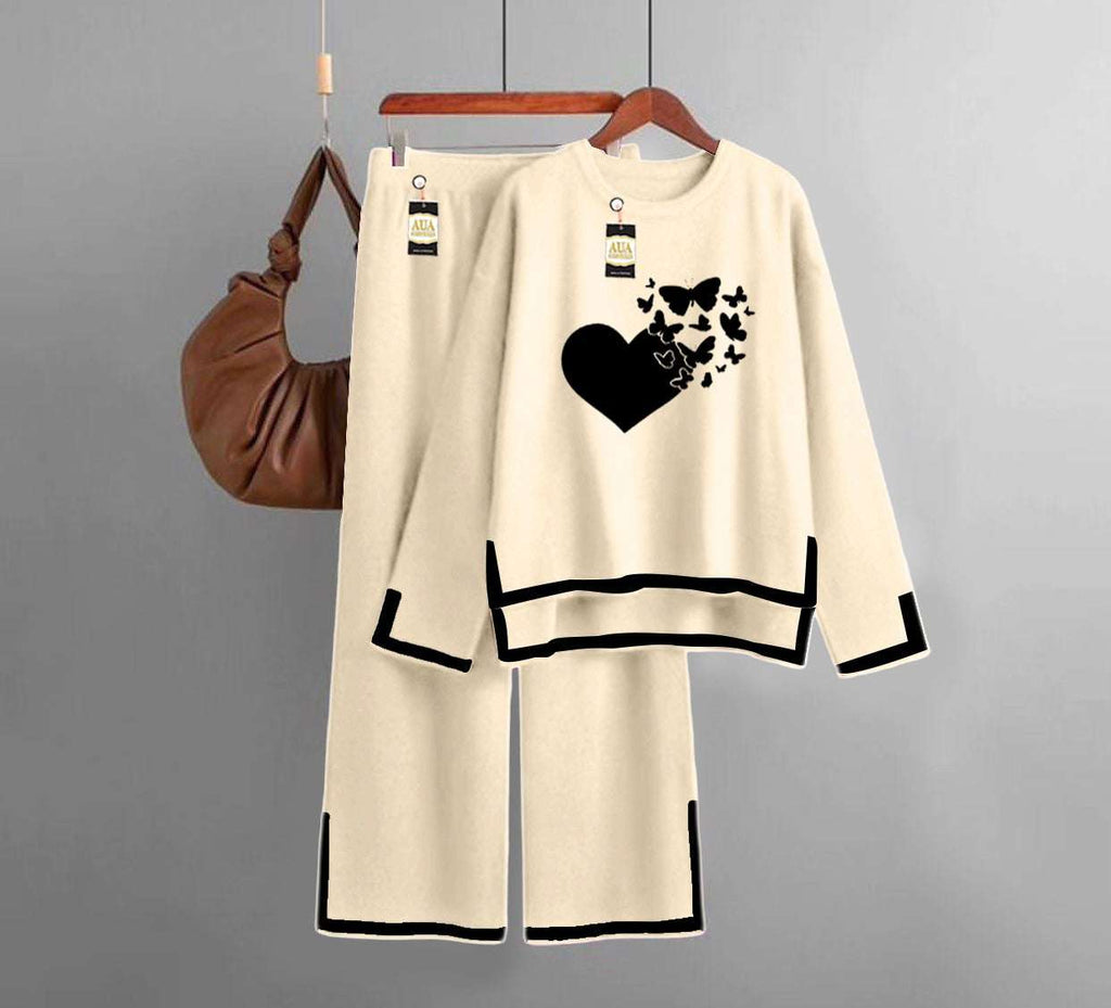 Flying Butterfly Heart Printed Turkish Winter Co-Ord Set for Women - Warm & Stylish Loungewear Beige