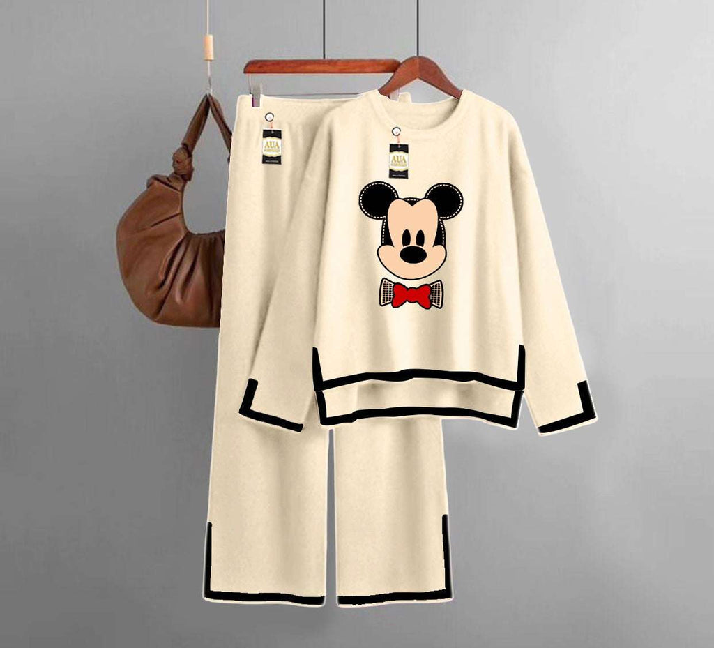 Mickey mouse  Printed Turkish Winter Co-Ord Set for Women - Warm & Stylish Loungewear Beige