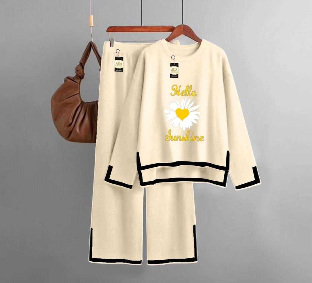 Hello Sun Flower Printed Turkish Winter Co-Ord Set for Women - Warm & Stylish Loungewear Beige