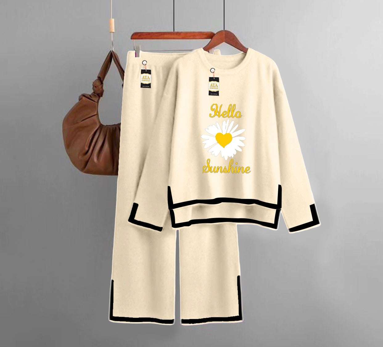 Hello Sun Flower Printed Turkish Winter Co-Ord Set for Women - Warm & Stylish Loungewear Beige