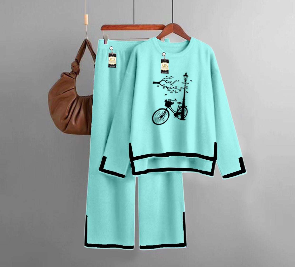 Cycle Printed Turkish Winter Co-Ord Set for Women - Warm & Stylish Loungewear Sky Blue
