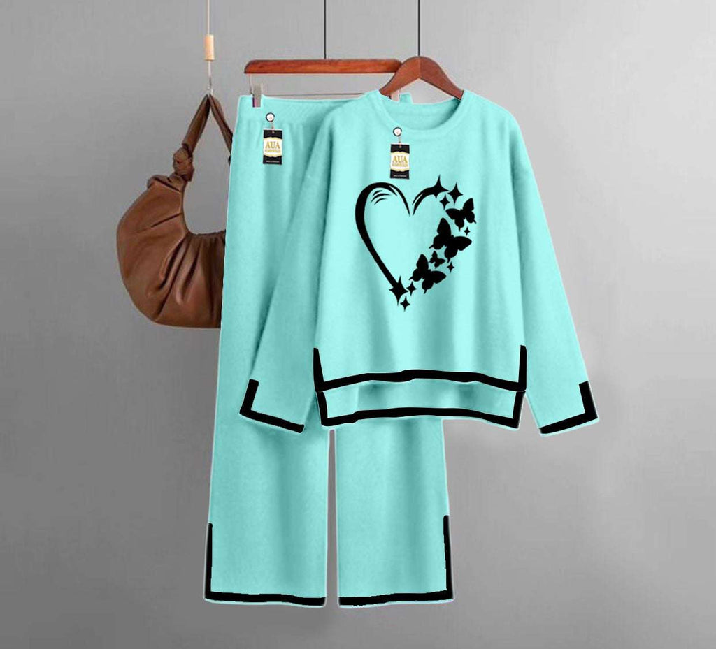 Butterfly Heart Printed Turkish Winter Co-Ord Set for Women - Warm & Stylish Loungewear Sky Blue