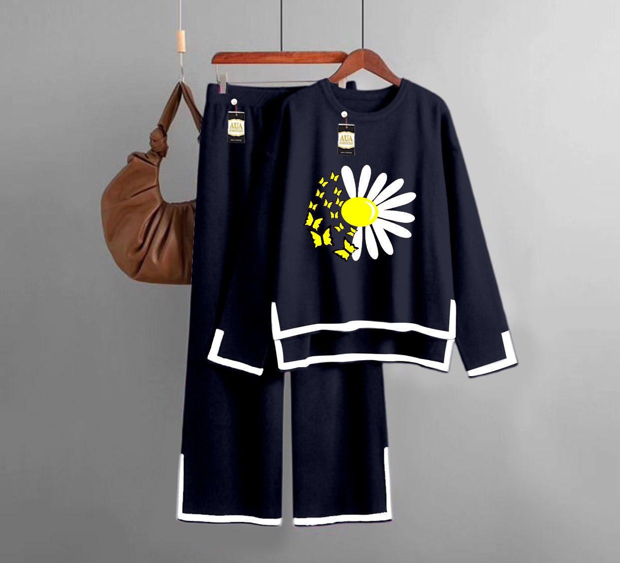 Sun Flower Printed Turkish Winter Co-Ord Set for Women - Warm & Stylish Loungewear Light navy