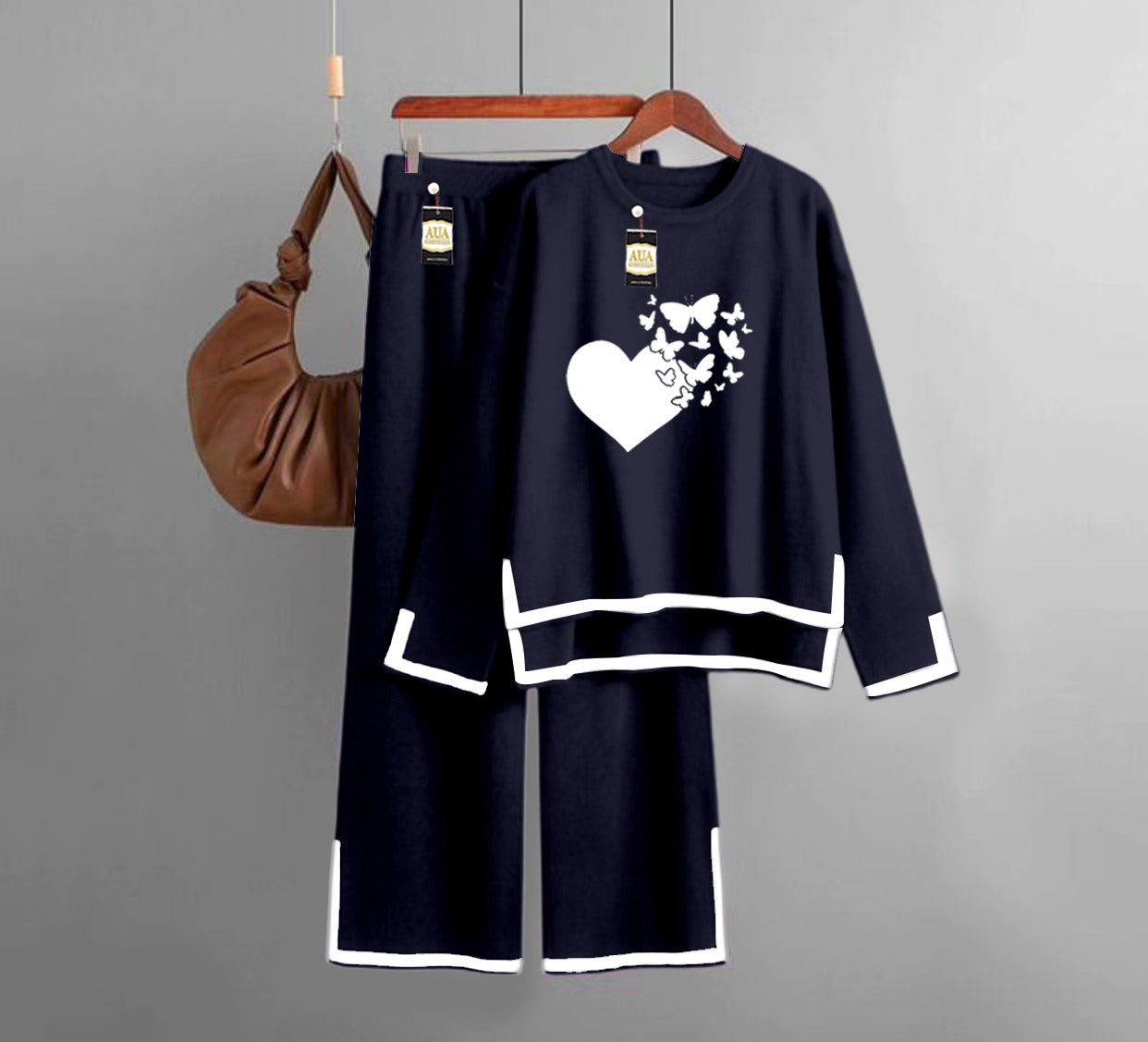 Flying butterfly Heart Printed Turkish Winter Co-Ord Set for Women - Warm & Stylish Loungewear Light Navy