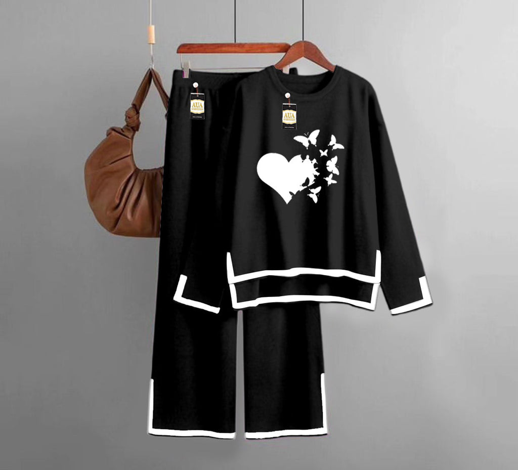 Flying Butterfly Heart Printed Turkish Winter Co-Ord Set for Women - Warm & Stylish Loungewear Black