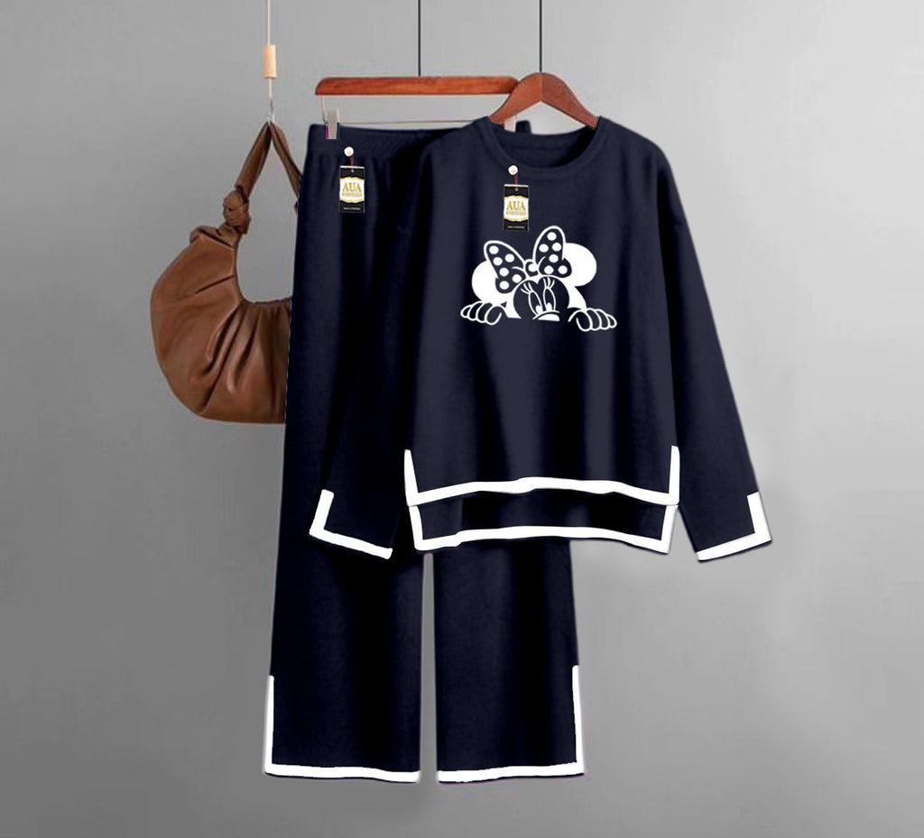 mickey face Printed Turkish Winter Co-Ord Set for Women - Warm & Stylish Loungewear Light Navy