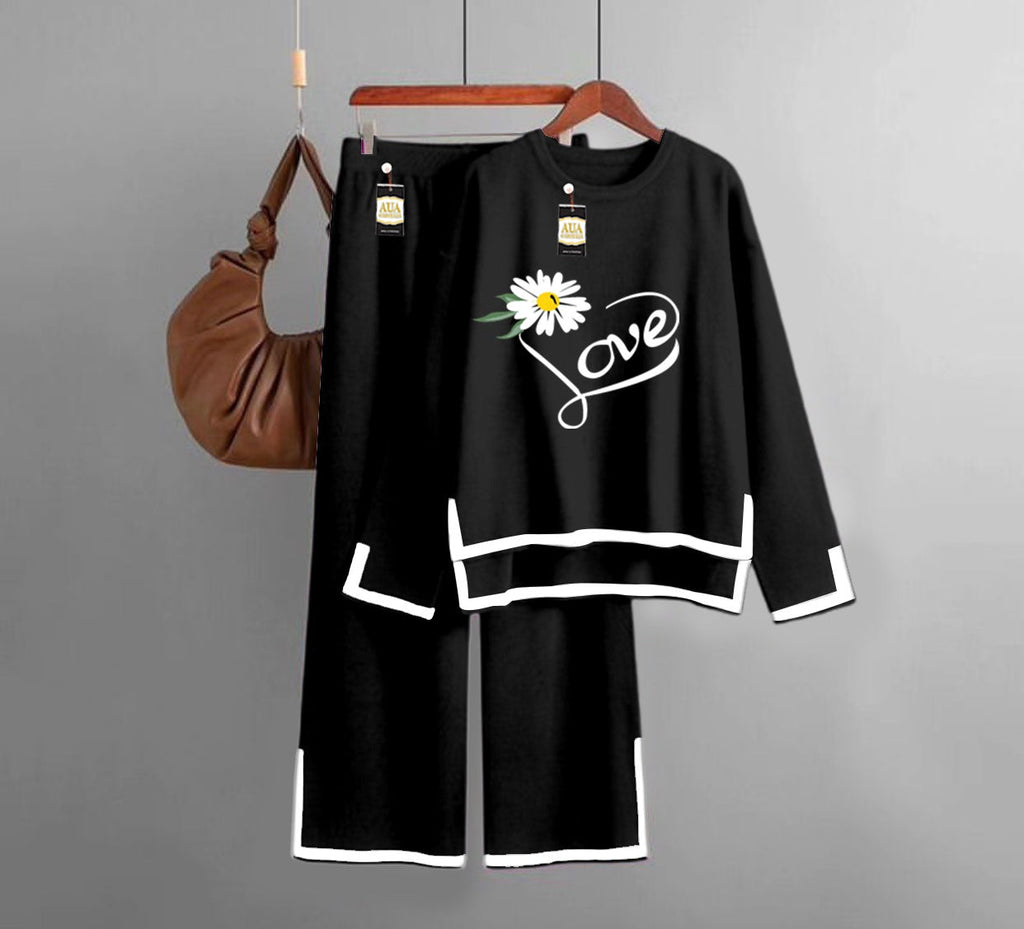 Love Flower  Printed Turkish Winter Co-Ord Set for Women - Warm & Stylish Loungewear Black