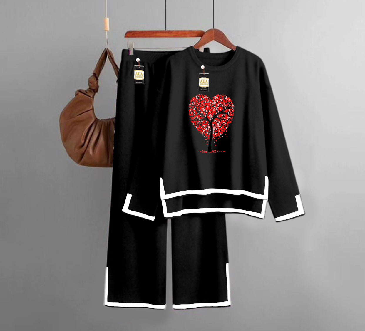 Tree Heart Printed Turkish Winter Co-Ord Set for Women - Warm & Stylish Loungewear Black