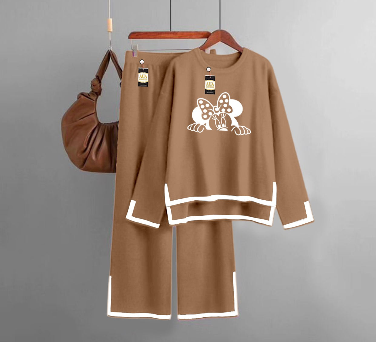 MIckey face Turkish Winter Co-Ord Set for Women - Warm & Stylish LoungewearBrown