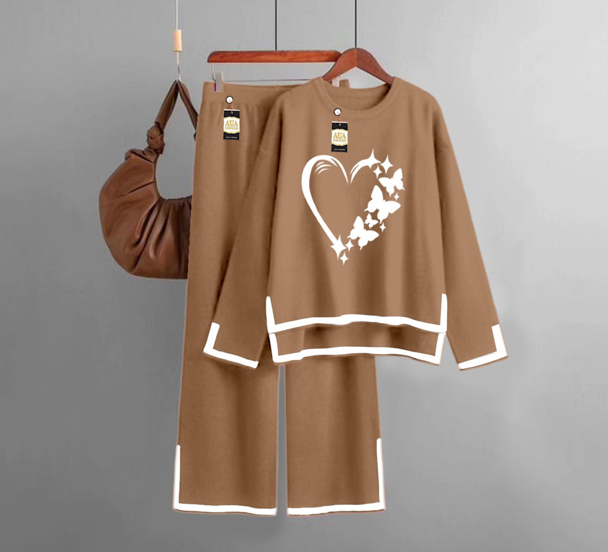 Butterfly Heart Printed Turkish Winter Co-Ord Set for Women - Warm & Stylish Loungewear Brown