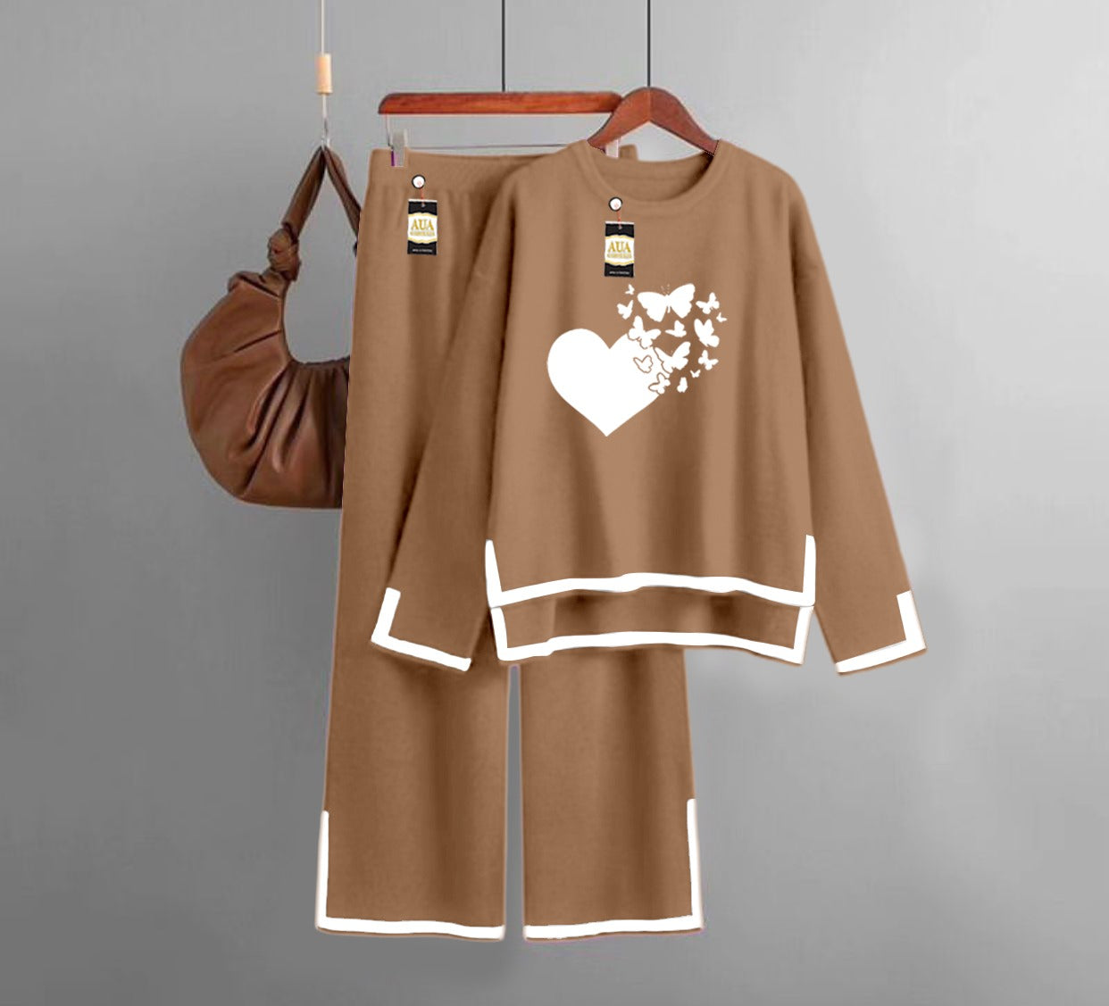 Fly Butterfly Heart Printed Turkish Winter Co-Ord Set for Women - Warm & Stylish Loungewear Brown