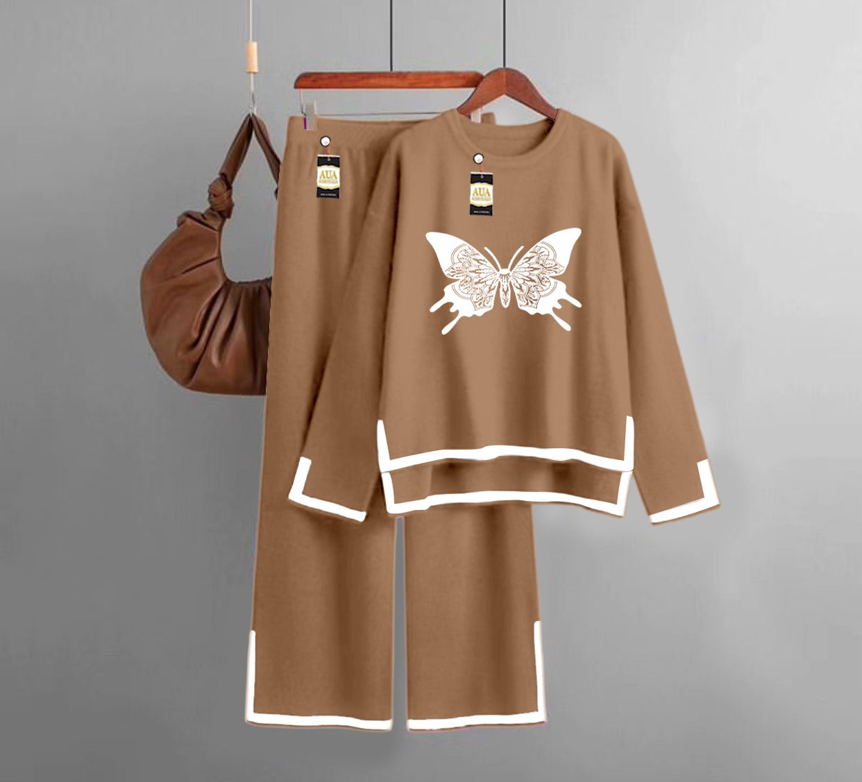 Butterfly Printed Turkish Winter Co-Ord Set for Women - Warm & Stylish Loungewear Brown