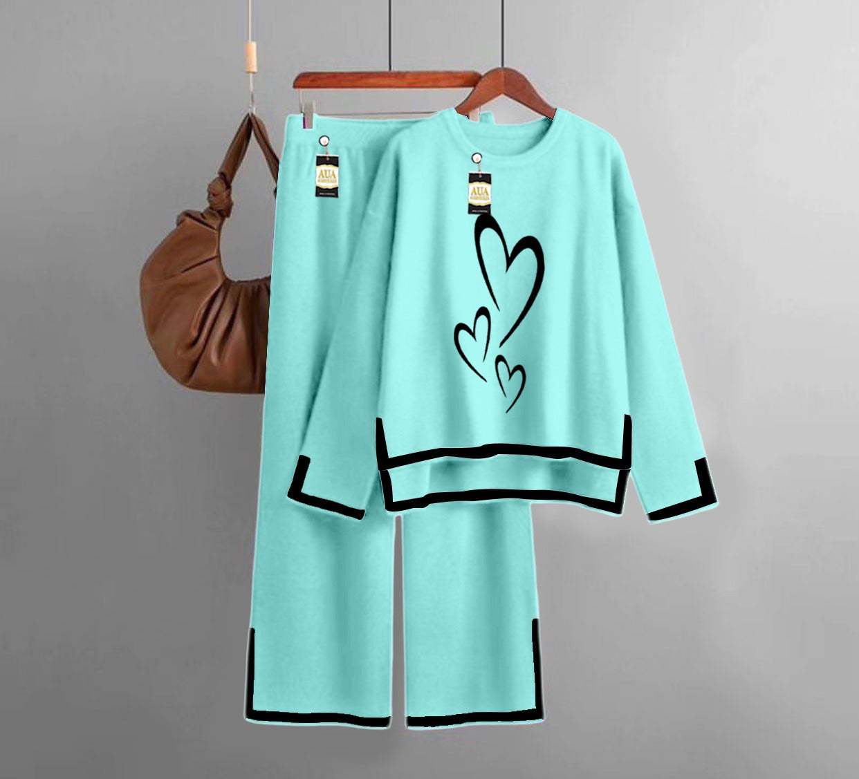 Multi Heart  Printed Turkish Winter Co-Ord Set for Women - Warm & Stylish Loungewear Sky Blue