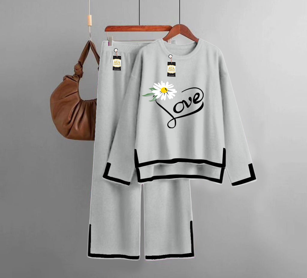 love flower Printed Turkish Winter Co-Ord Set for Women - Warm & Stylish Loungewear Light Grey