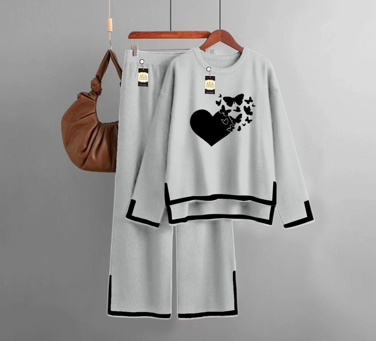 Flying Butterfly Heart Printed Turkish Winter Co-Ord Set for Women - Warm & Stylish Loungewear Light Grey