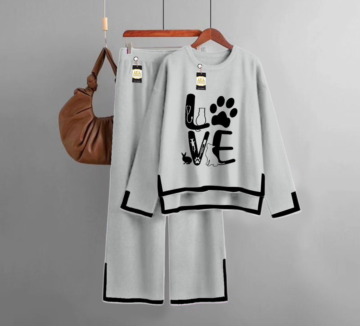 Love Printed Turkish Winter Co-Ord Set for Women - Warm & Stylish Loungewear Light Grey