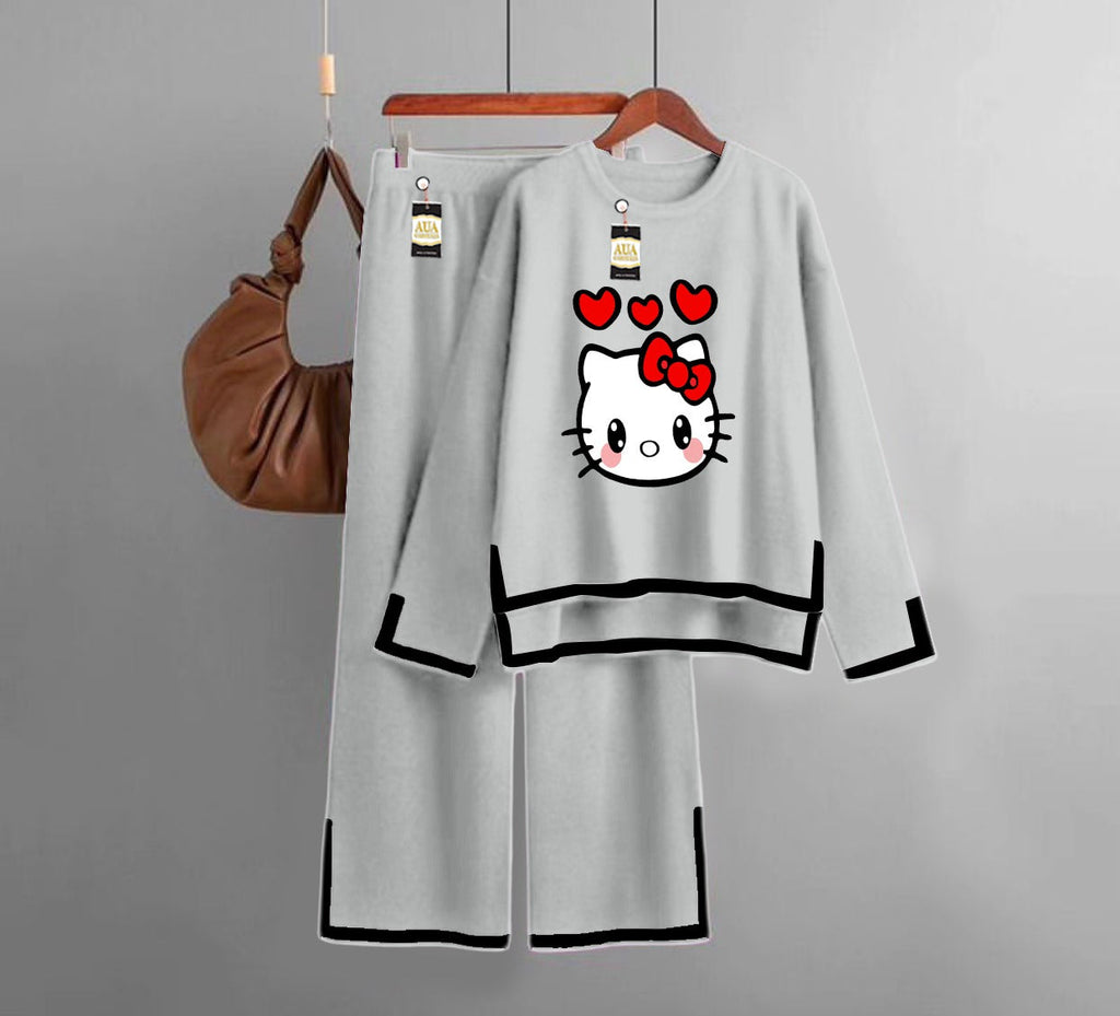 Kitty Printed Turkish Winter Co-Ord Set for Women - Warm & Stylish Loungewear Light Grey