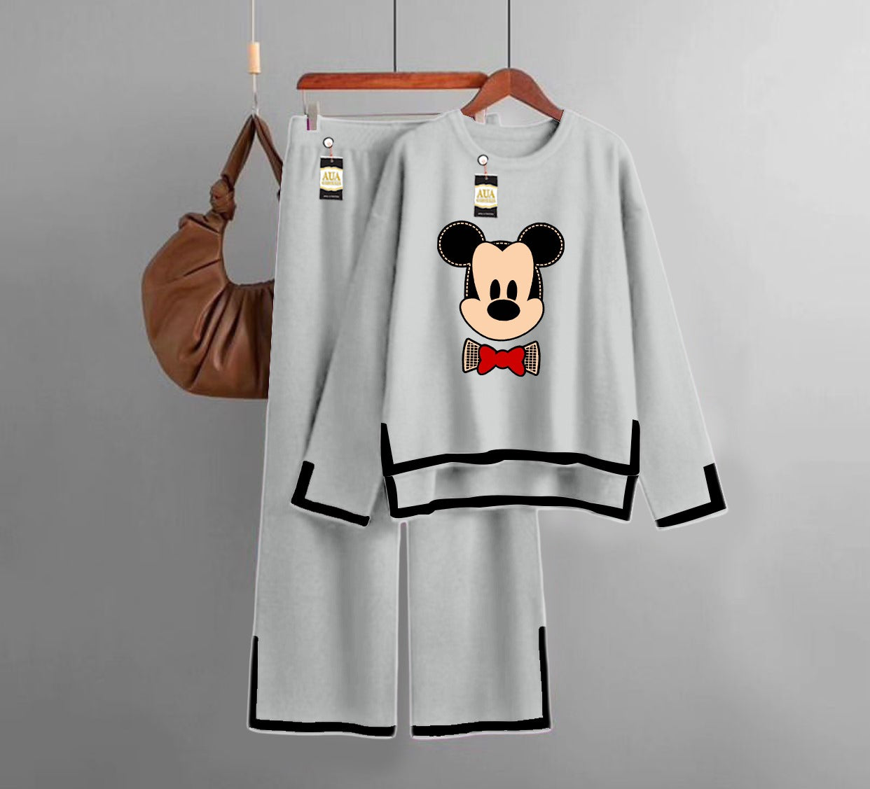 MIckey Mouse Printed Turkish Winter Co-Ord Set for Women - Warm & Stylish Loungewear Light Grey