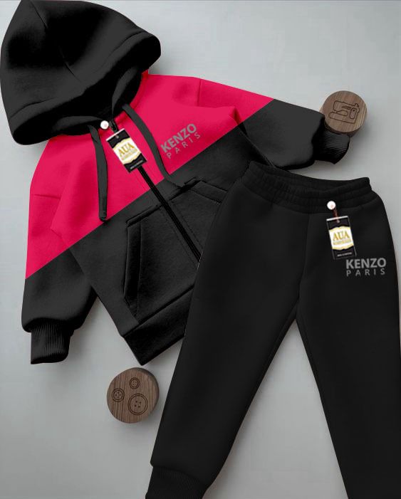 Kenzo Paris Printed Stylish Black & Red Kids' Tracksuit Set with Zipper Hoodie and Trousers (1-10 Years)"