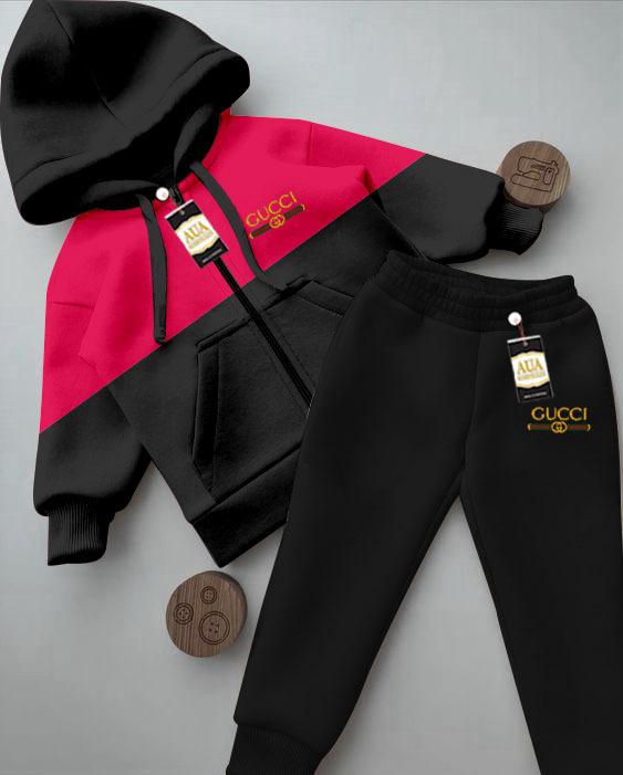 Gucci Printed Stylish Black & Red Kids' Tracksuit Set with Zipper Hoodie and Trousers (1-10 Years)"