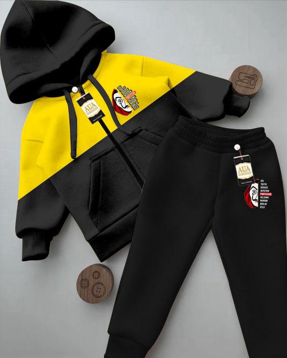 mini heost Printed Stylish Black & Yellow Kids' Tracksuit Set with Zipper Hoodie and Trousers (1-10 Years)"