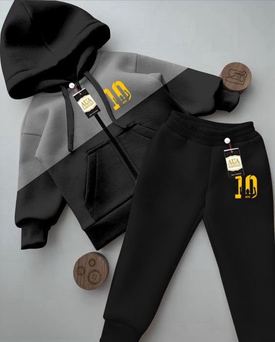10 Printed Stylish Black & Grey Kids' Tracksuit Set with Zipper Hoodie and Trousers (1-10 Years)"