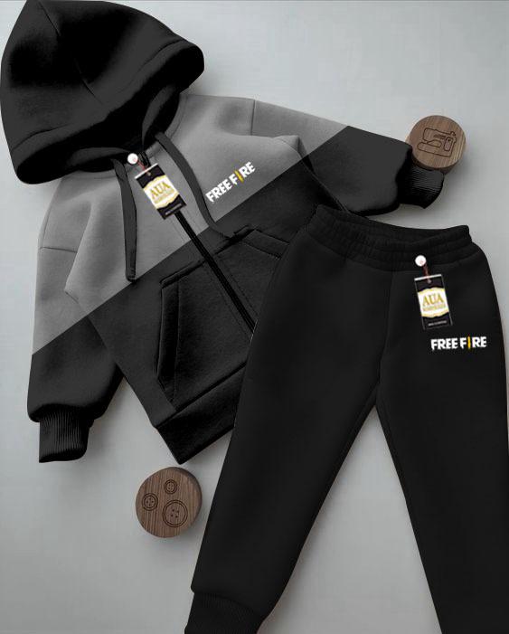 Free fire Stylish Black & Grey Kids' Tracksuit Set with Zipper Hoodie and Trousers (1-10 Years)"