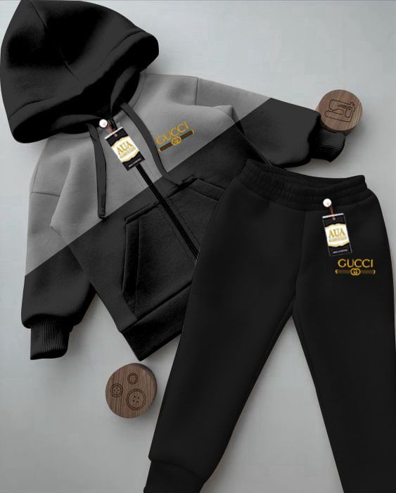 Gucci Printed Stylish Black & Grey Kids' Tracksuit Set with Zipper Hoodie and Trousers (1-10 Years)"
