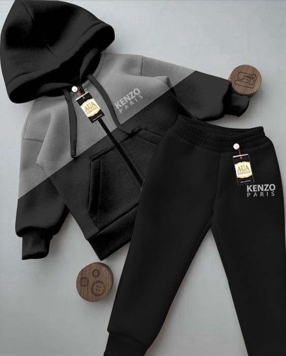 kenzo Paris Printed Stylish Black & Grey Kids' Tracksuit Set with Zipper Hoodie and Trousers (1-10 Years)"