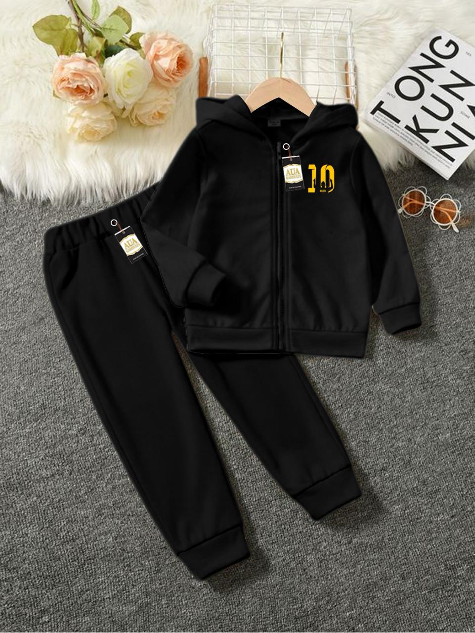 10 Printed Stylish Black Kids' Tracksuit Set with Zipper Hoodie and Trousers (1-10 Years)"