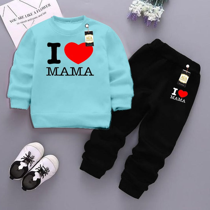 Sky Blue and Black (i love Mama) Printed Kids Tracksuit for Winter By Aua Garments