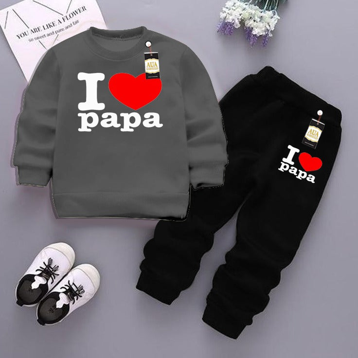Dark Grey and Black (I love papa ) Printed Kids Tracksuit for Winter By Aua Garments