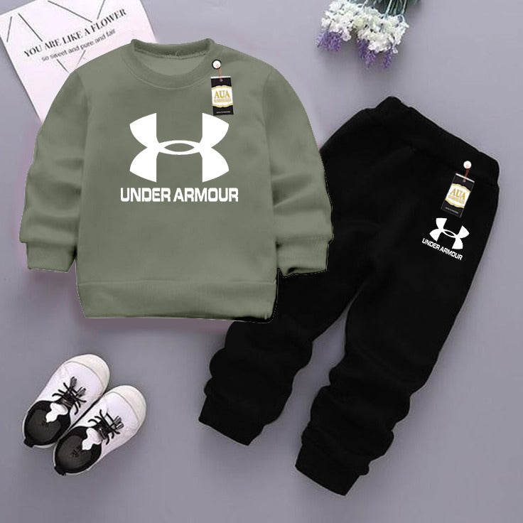 Light Green  and Black (Under Armour) Printed Kids Tracksuit for Winter By Aua Garments