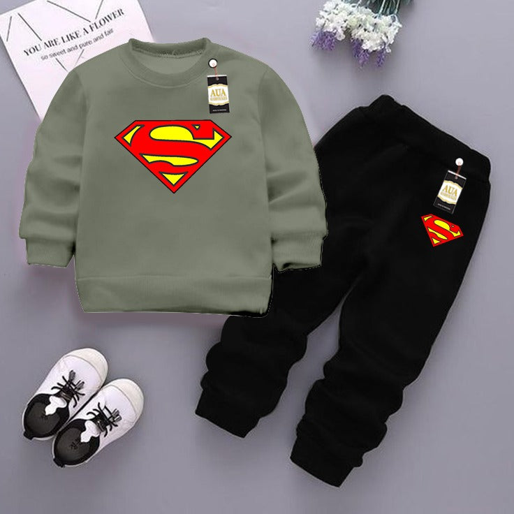 Light Green  and Black (Superman) Printed Kids Tracksuit for Winter By Aua Garments