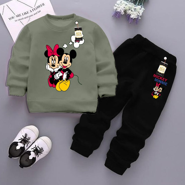 Light Green  and Black (mickey mouse) Printed Kids Tracksuit for Winter By Aua Garments