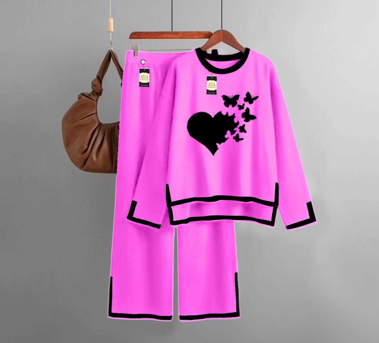 Flying Butterfly Heart Turkish Winter Co-Ord Set for Women - Warm & Stylish Loungewear Hot Pink