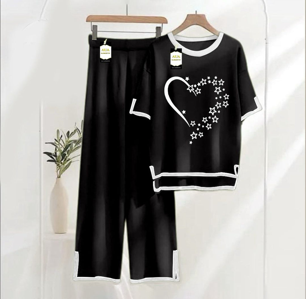Women's Black Star Heart Printed Nightwear Set - Soft Summer Jersey Fabric, Short Sleeves, Contrast Piping Turkish Style | Comfortable Sleepwear by AUA Garments