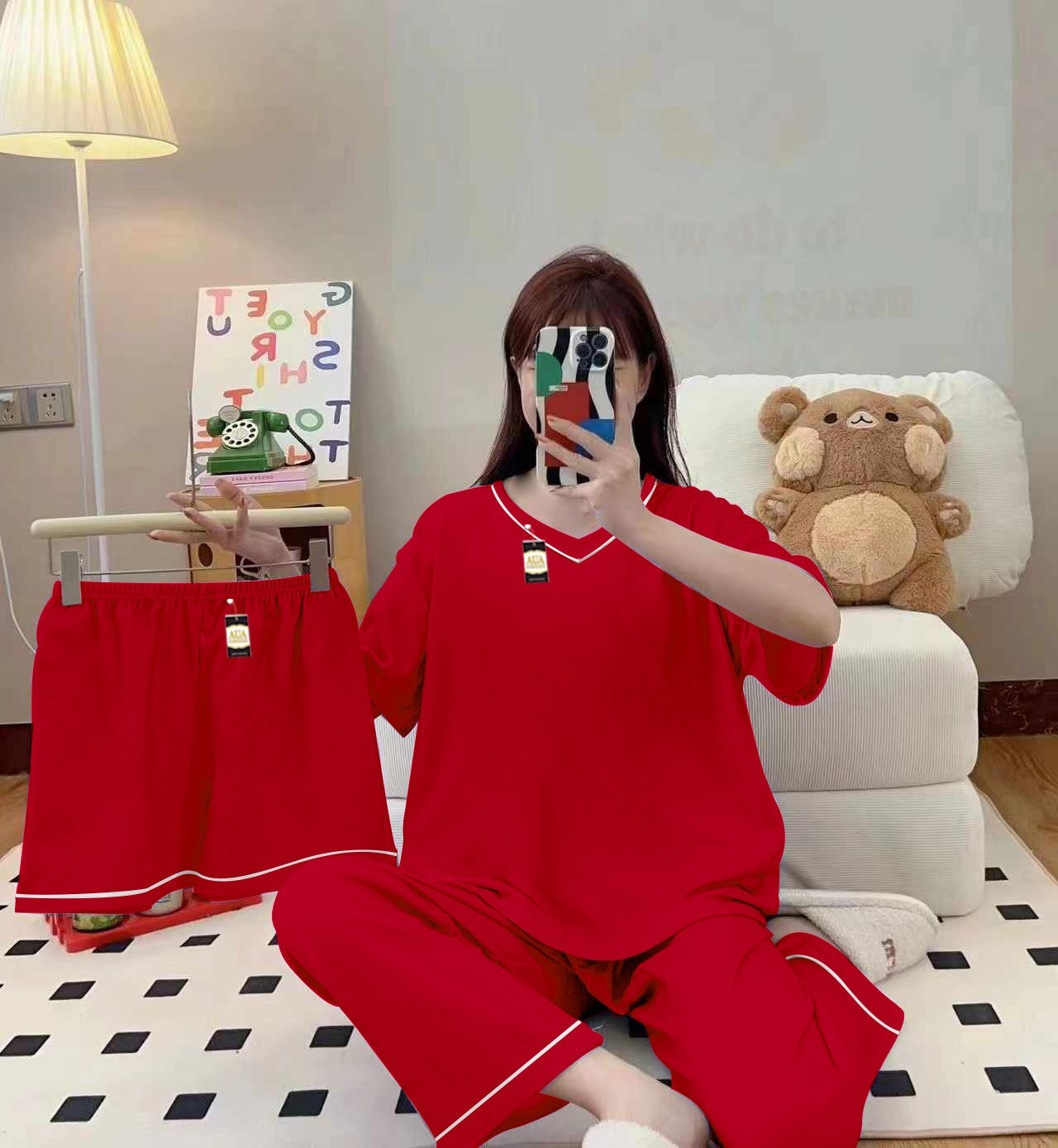 Plan Red  3-Piece Cami Nightwear Set for Women with Elegant White Borders