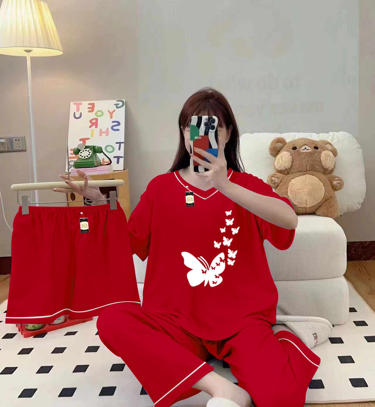 3-Piece Cami Nightwear Set for Women with Elegant White Borders Red Flying Butterfly