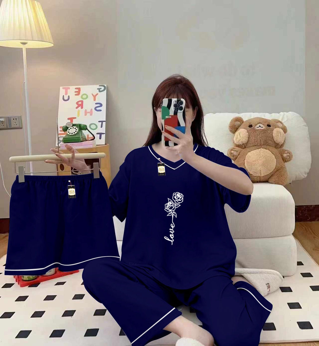 3-Piece Cami Nightwear Set for Women with Elegant White Borders Dark Blue Rose Love