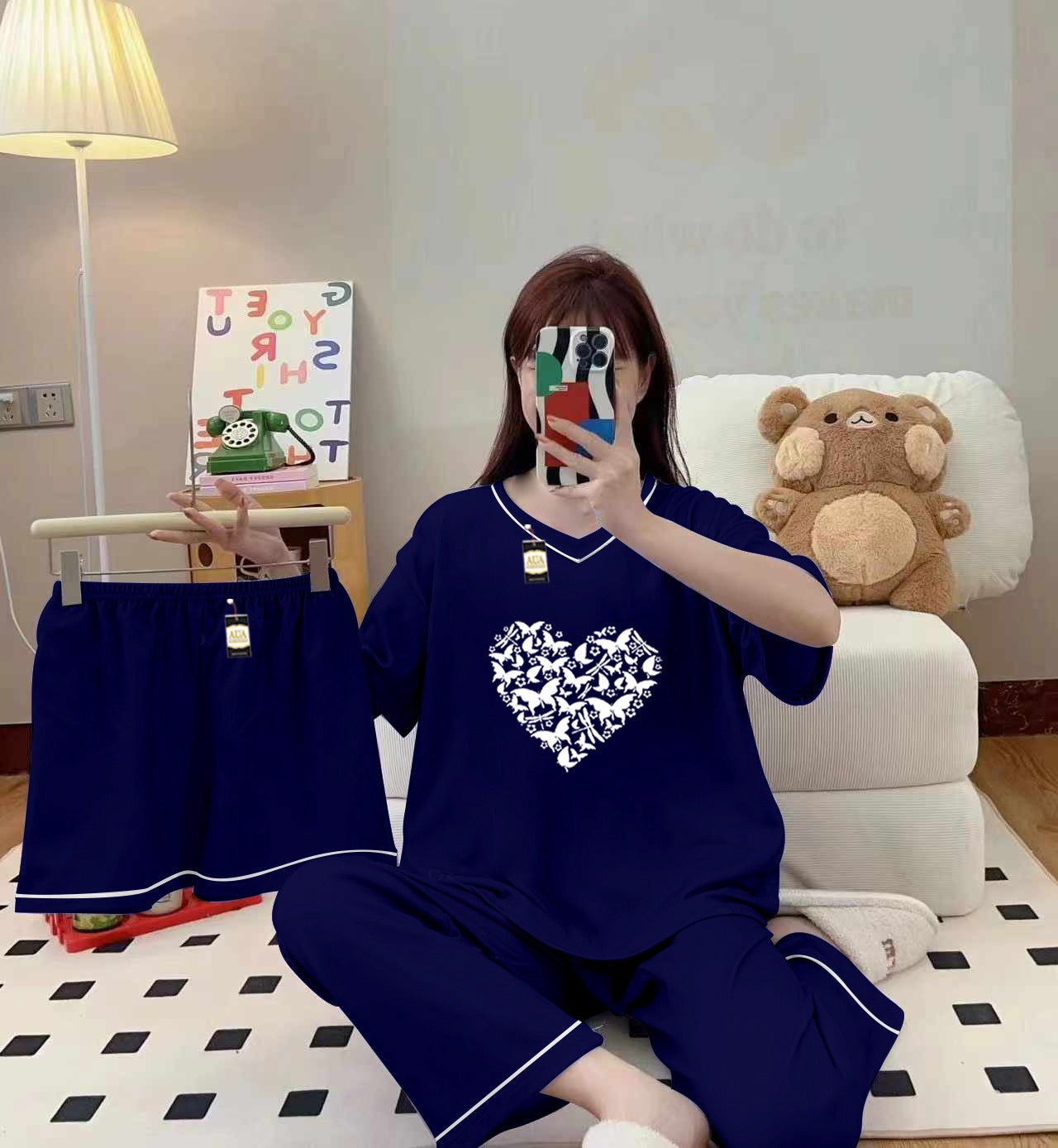 3-Piece Cami Nightwear Set for Women with Elegant White Borders Dark Blue Butterfly Heart